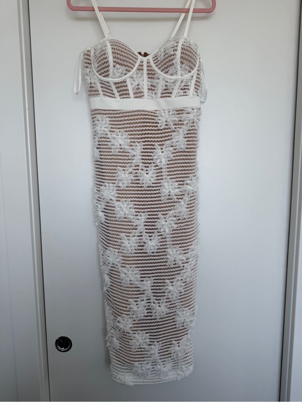 Jluxlabel White Crochet Lace Midi Dress with Built-In Bodice